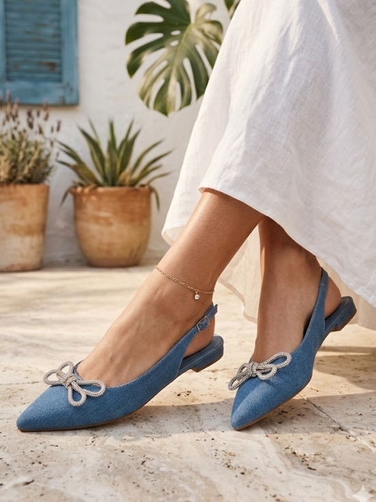 BCBGeneration Shoes - BCBGeneration Blue Pointed Slingback Flats with Crystal Bow